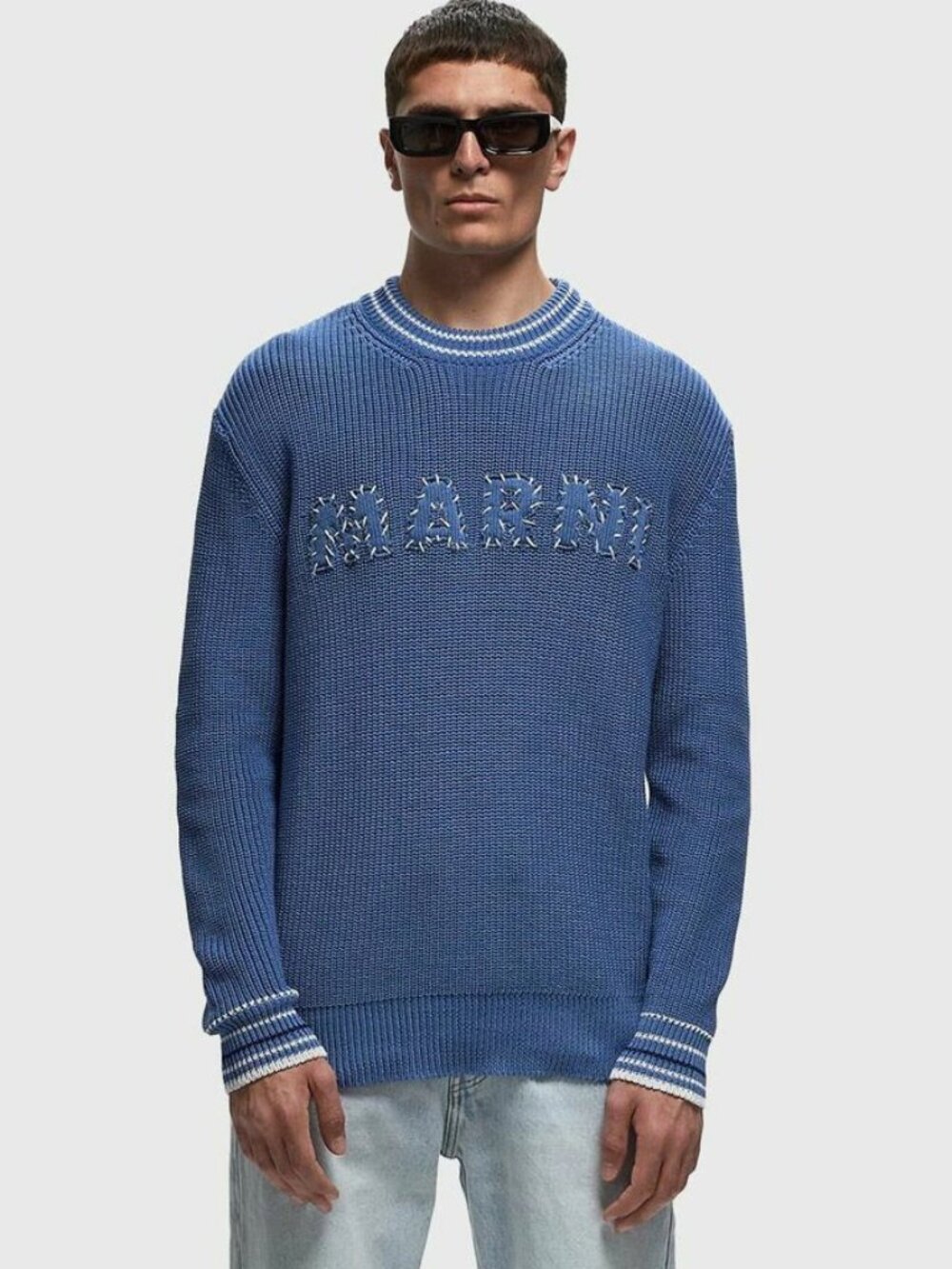 Marni Blue Cotton Logo Patch Knit Sweater Size 46 Small NWT